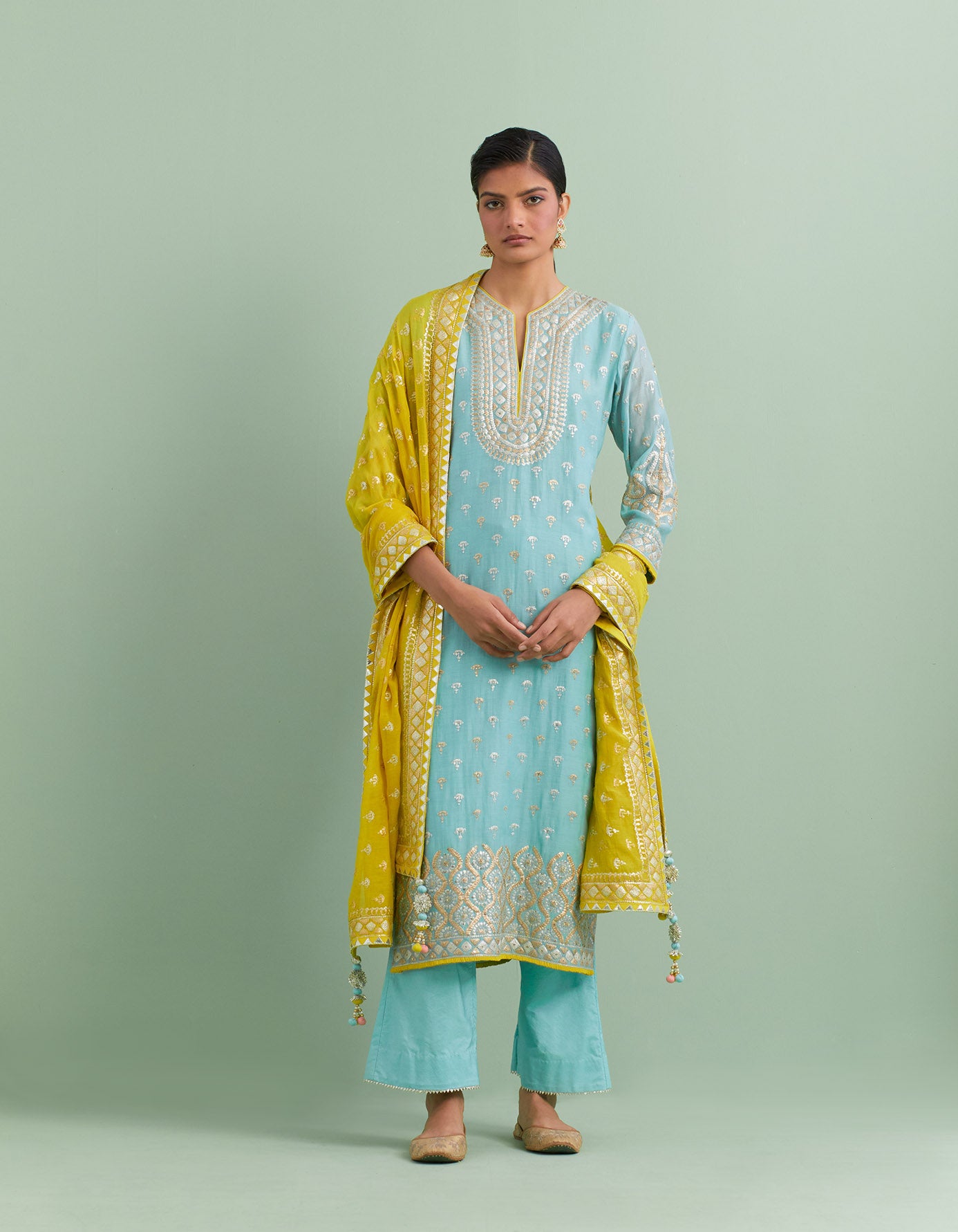 Sky Blue & Yellow Kurta Set