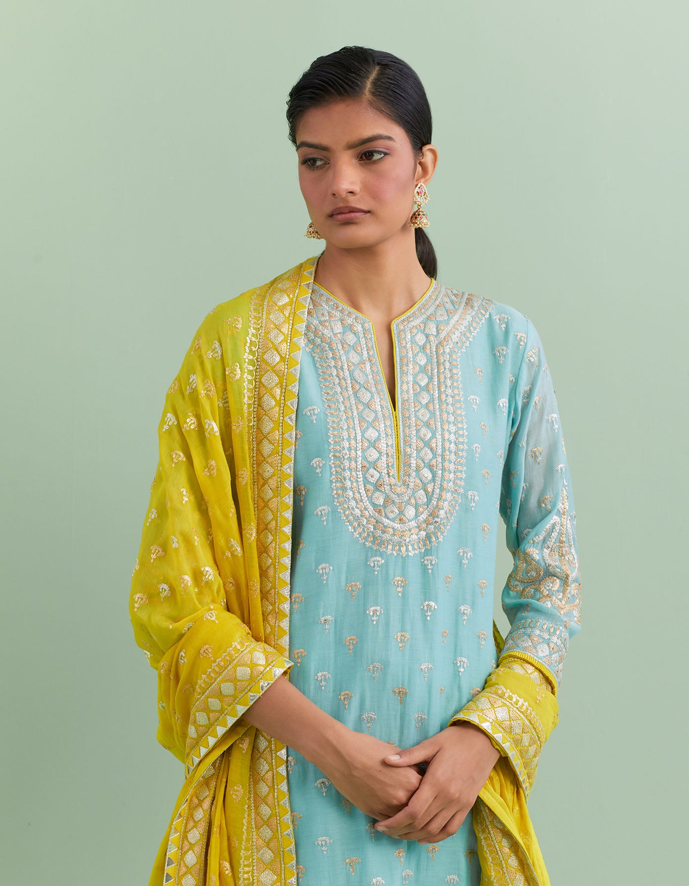Sky Blue & Yellow Kurta Set
