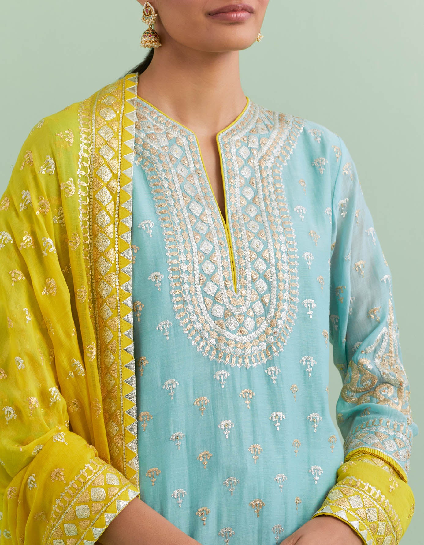 Sky Blue & Yellow Kurta Set
