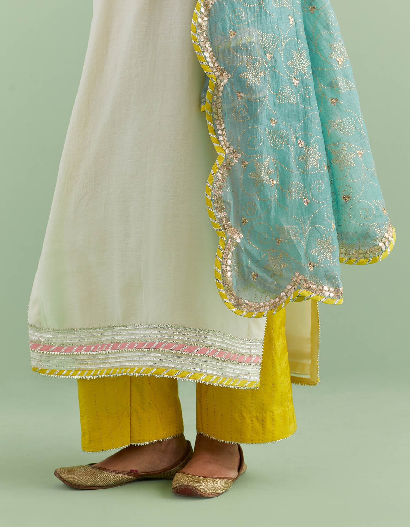 White Teal & Yellow Kurta Set