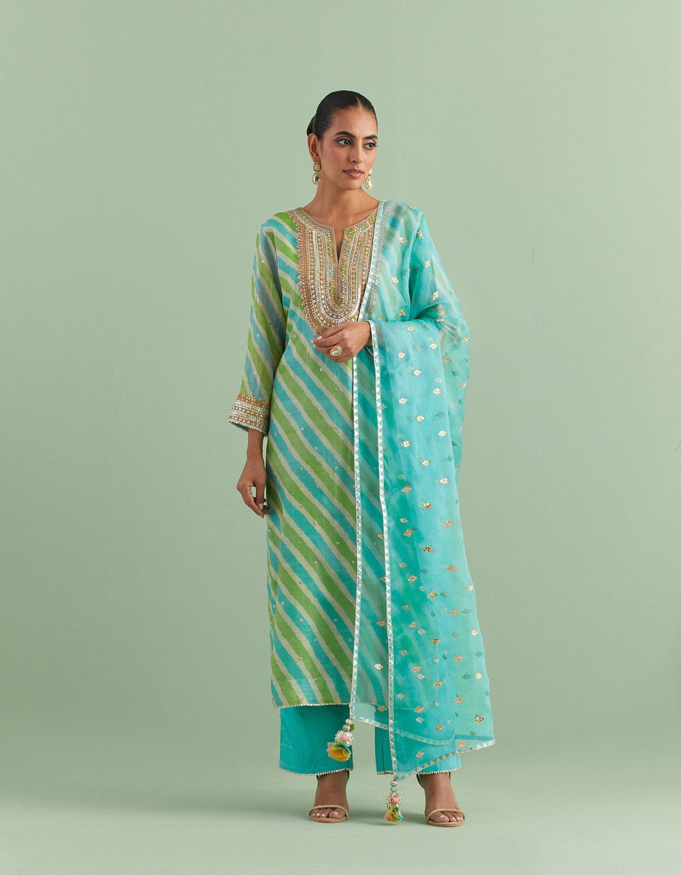 Green Leheriya Kurta Sets
