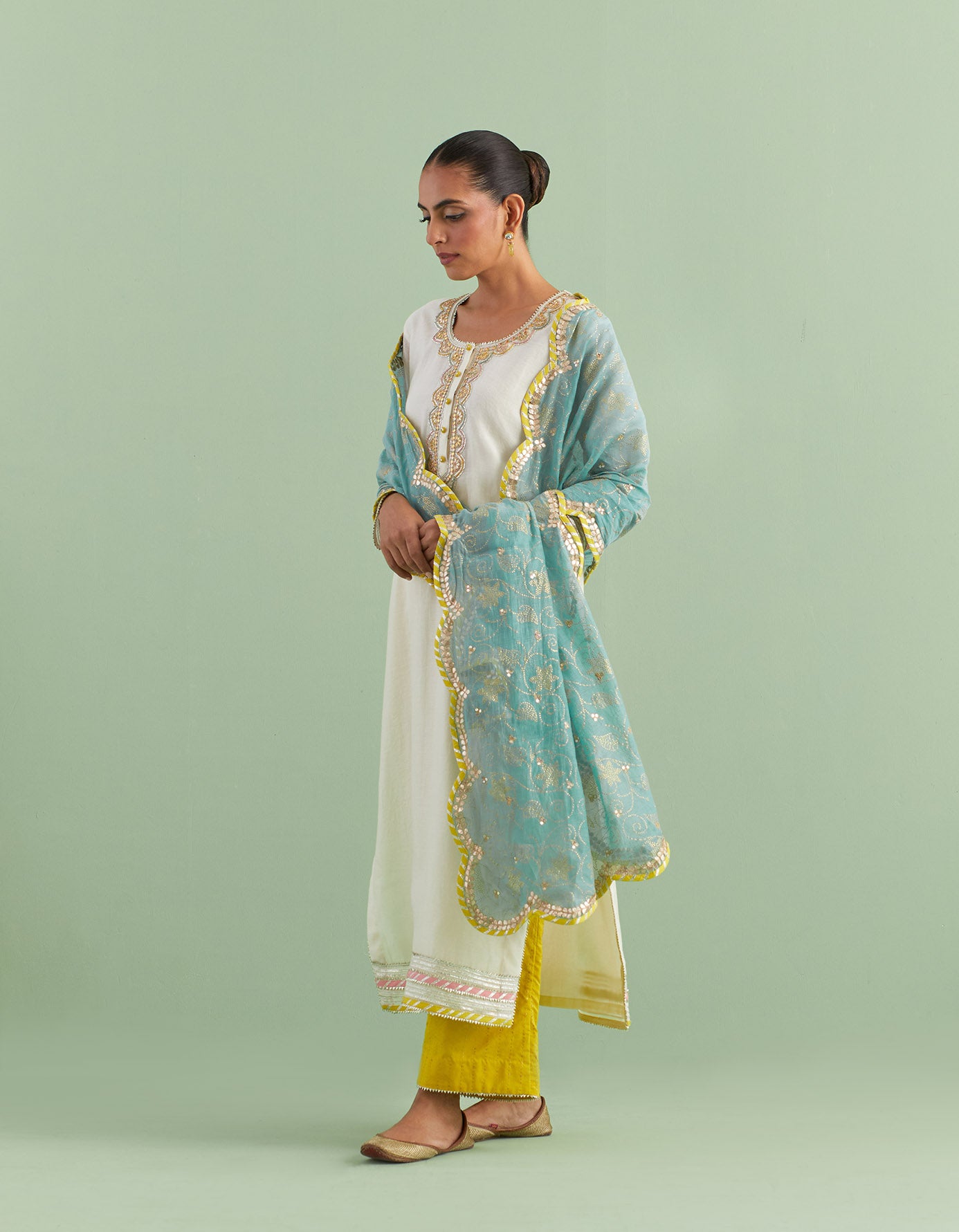 White Teal & Yellow Kurta Set