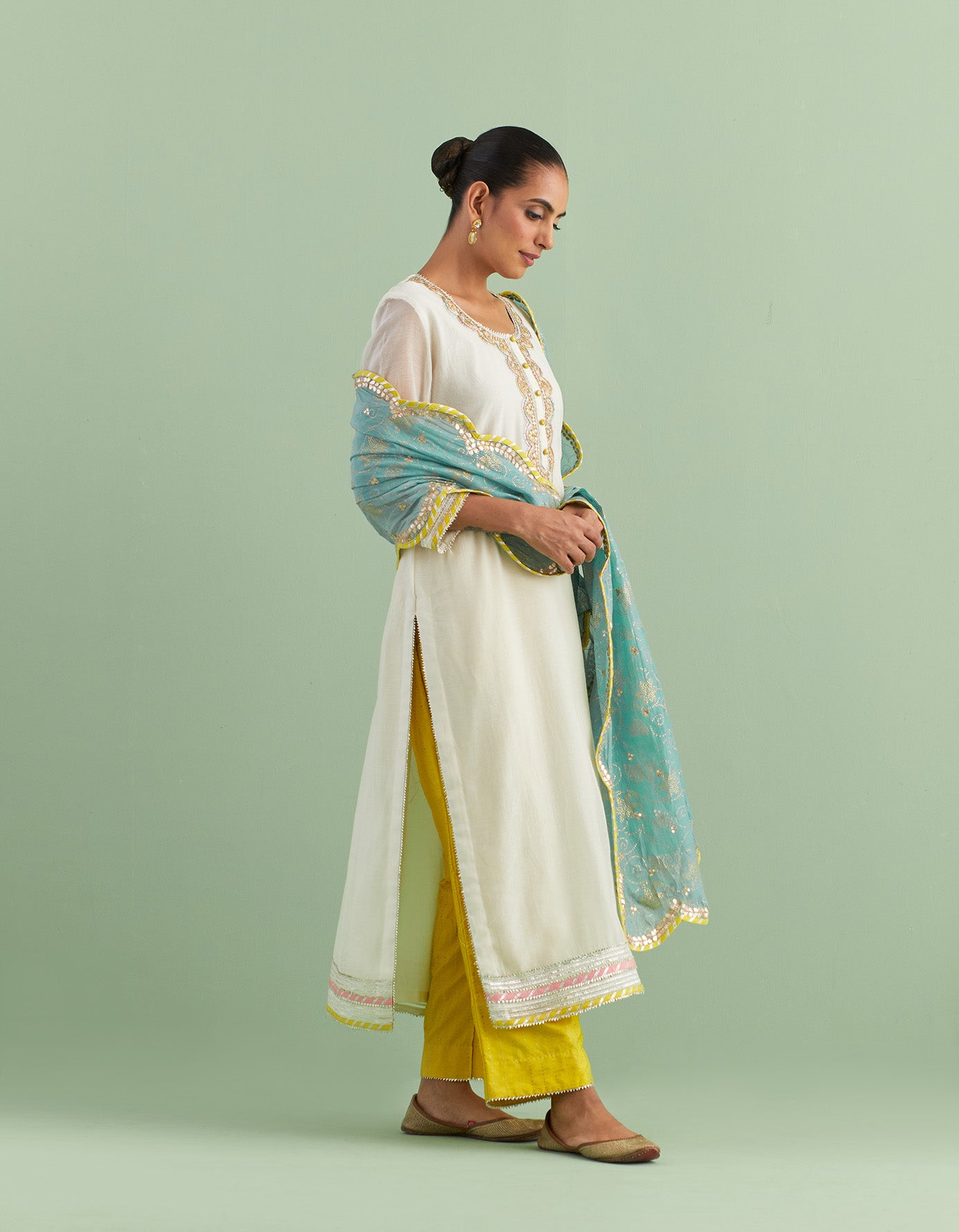 White Teal & Yellow Kurta Set