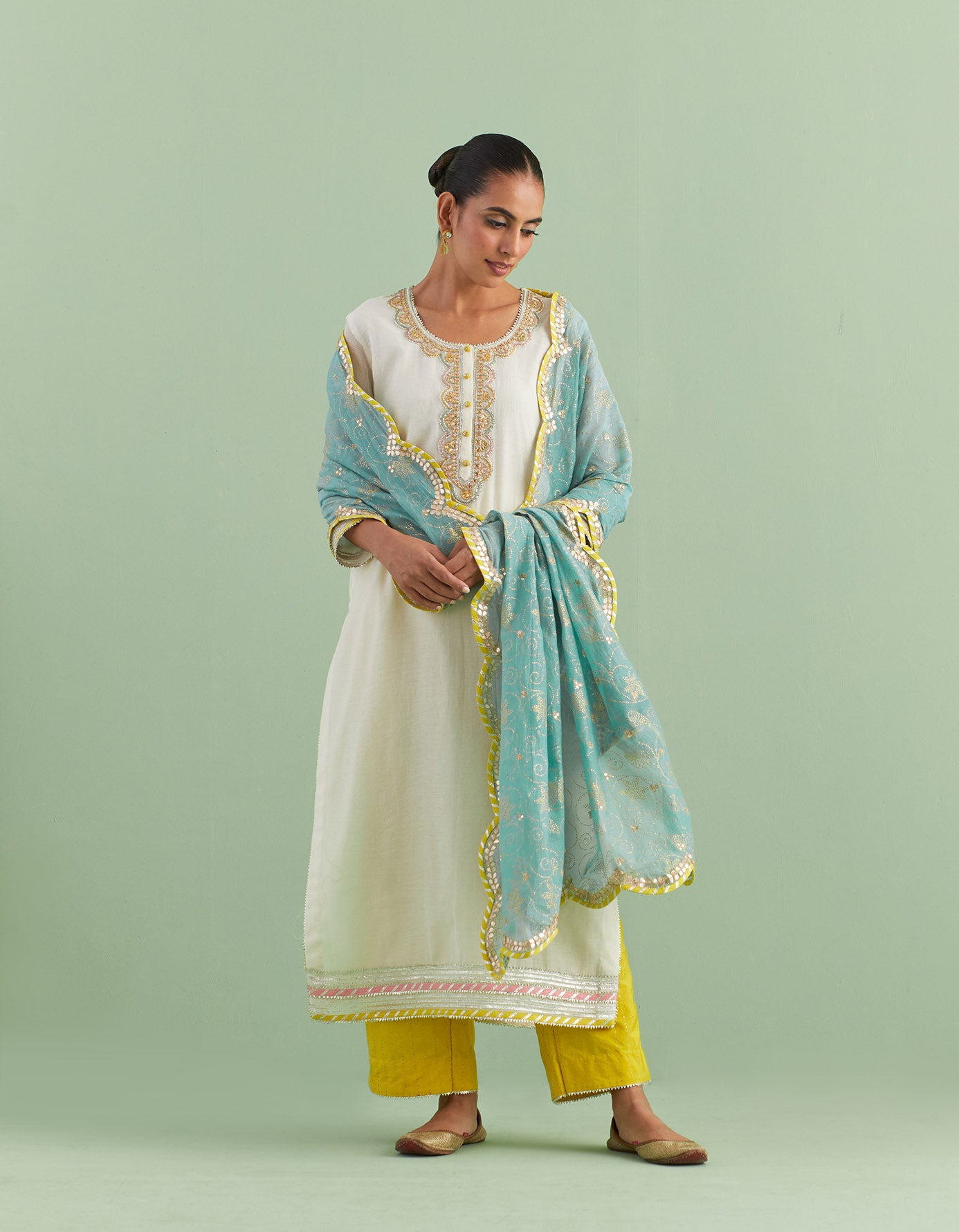 White Teal & Yellow Kurta Set