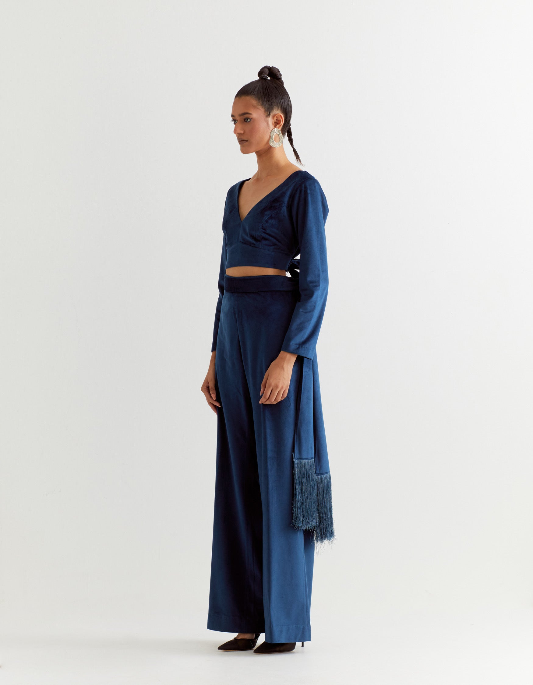 Blue Straight Pants with Fringe