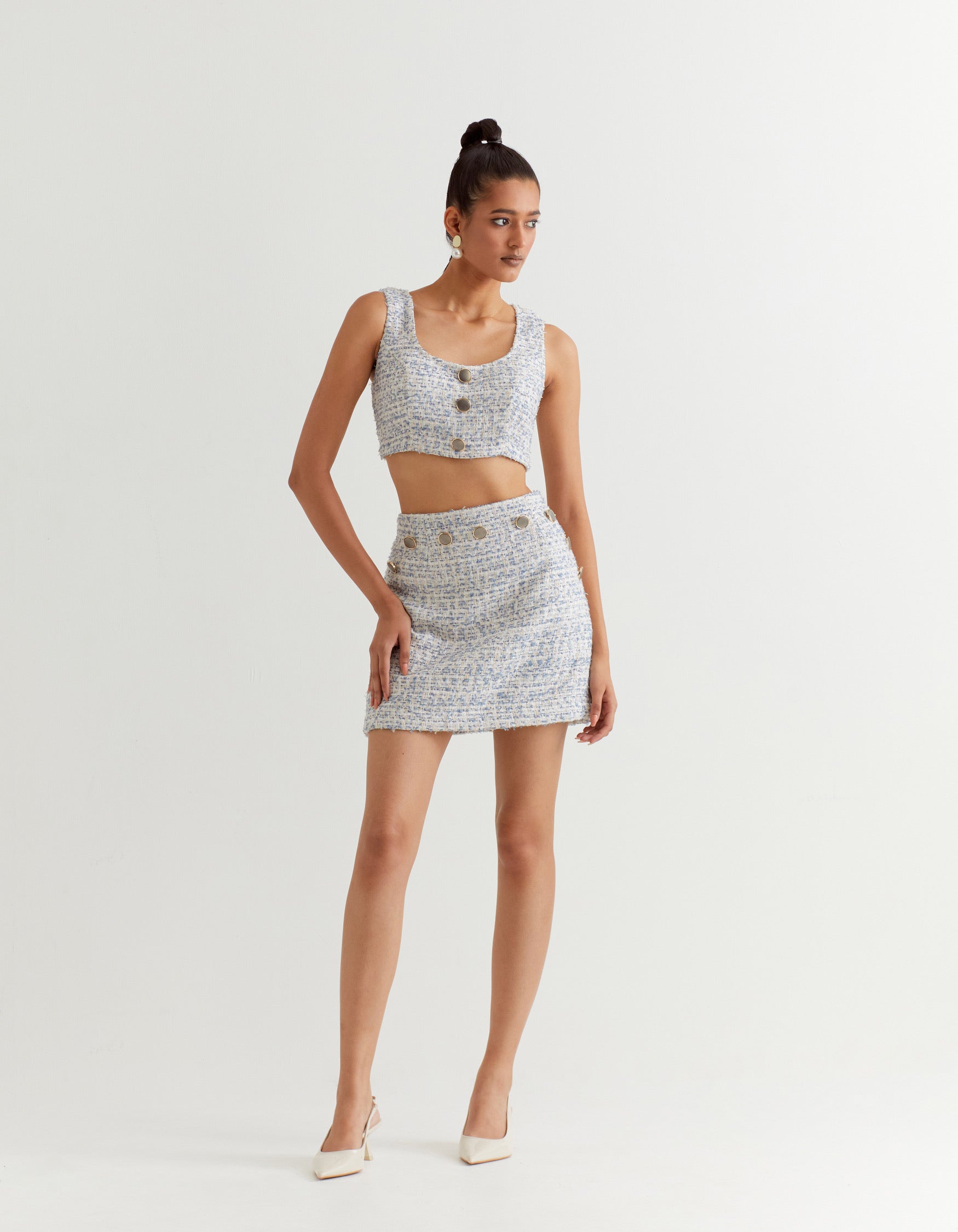 White and Blue Boucle Mini Skirt