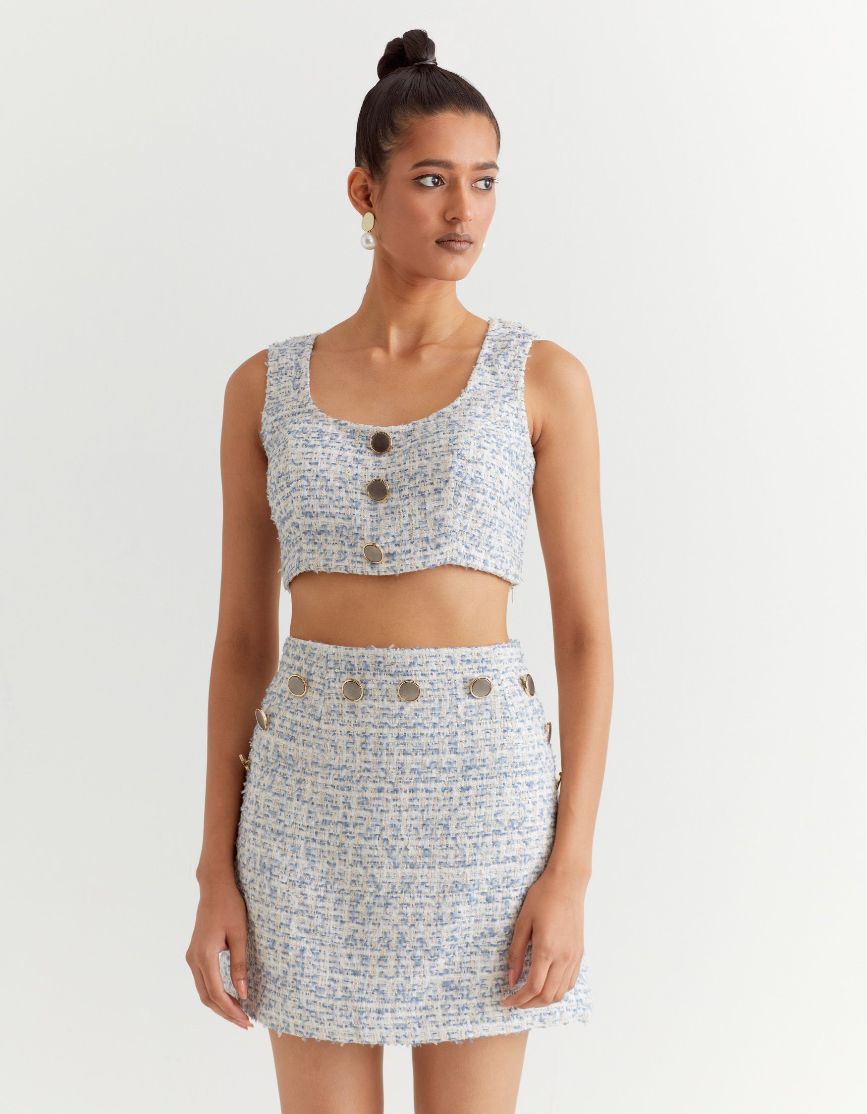 White and Blue Boucle Mini Skirt