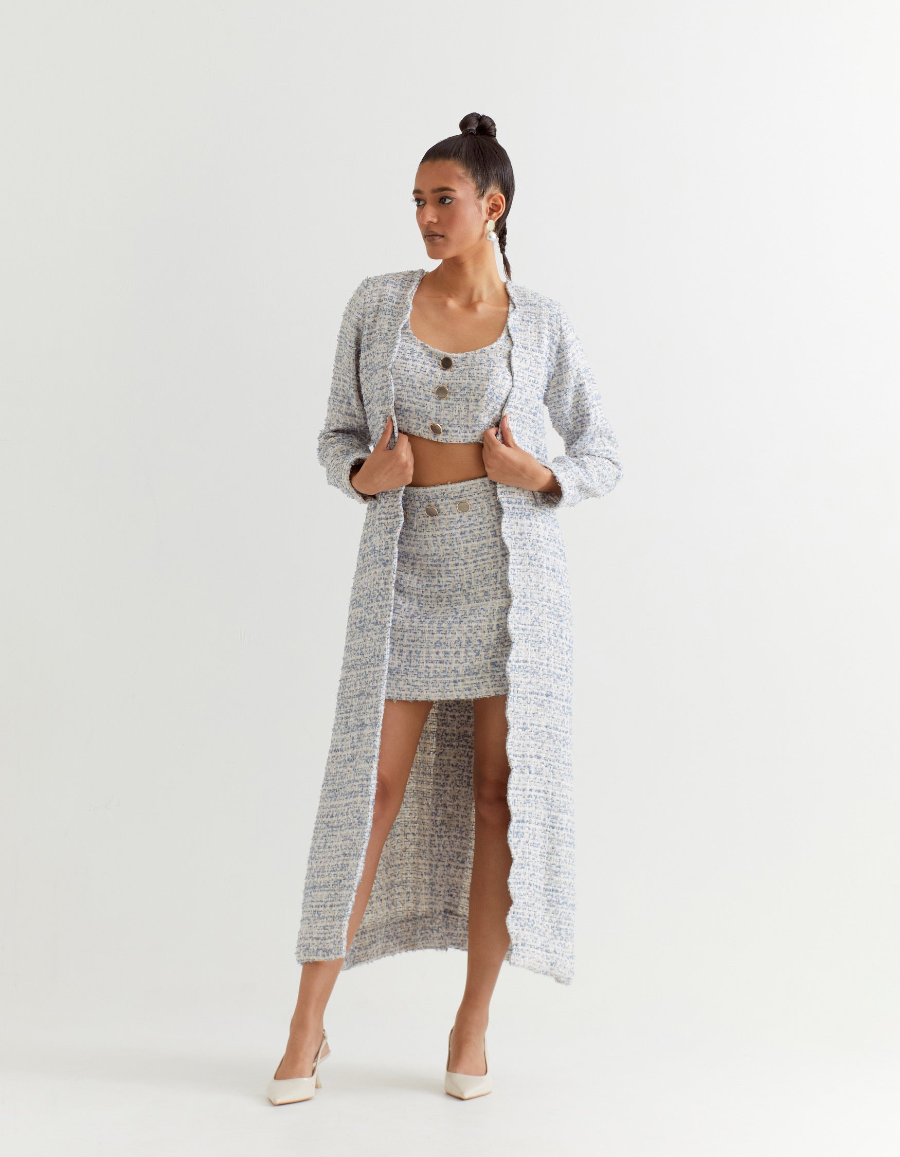 White Boucle and Blue Long Jacket