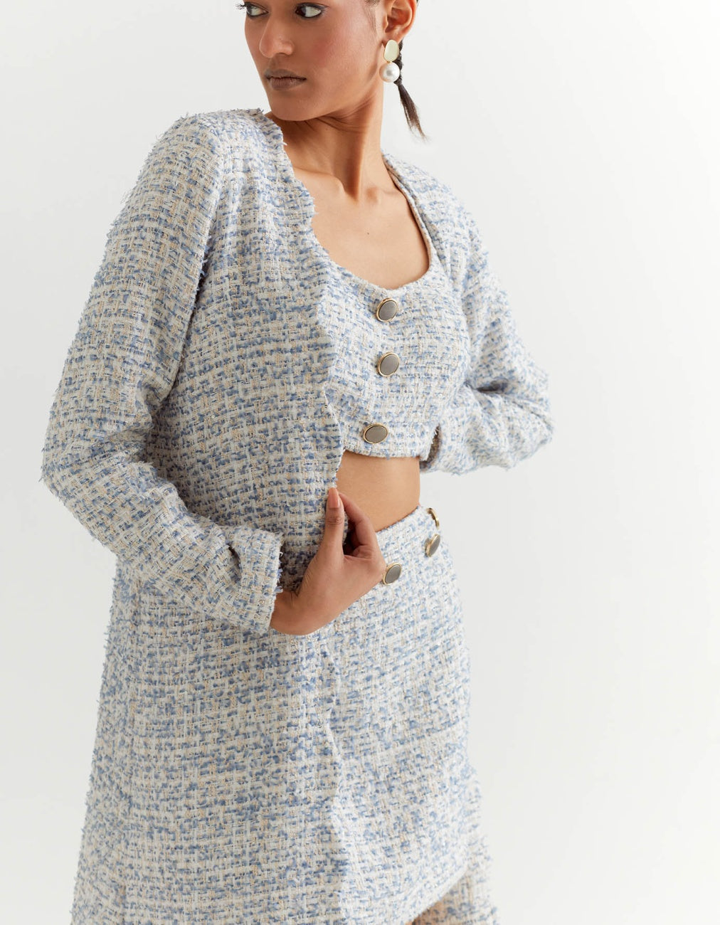 White and Blue Boucle Crop Top