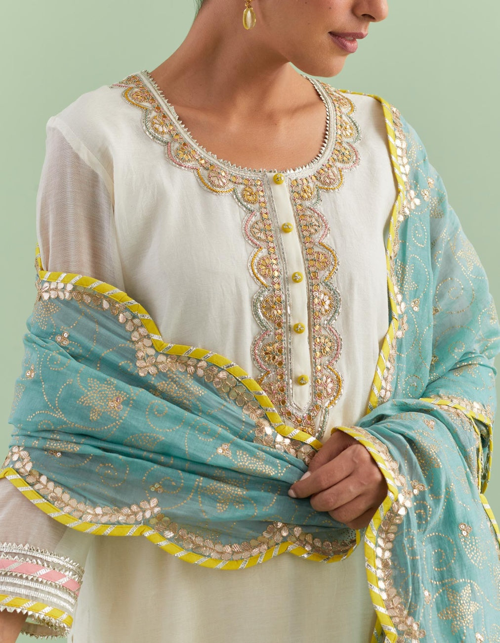 White Teal & Yellow Kurta Set