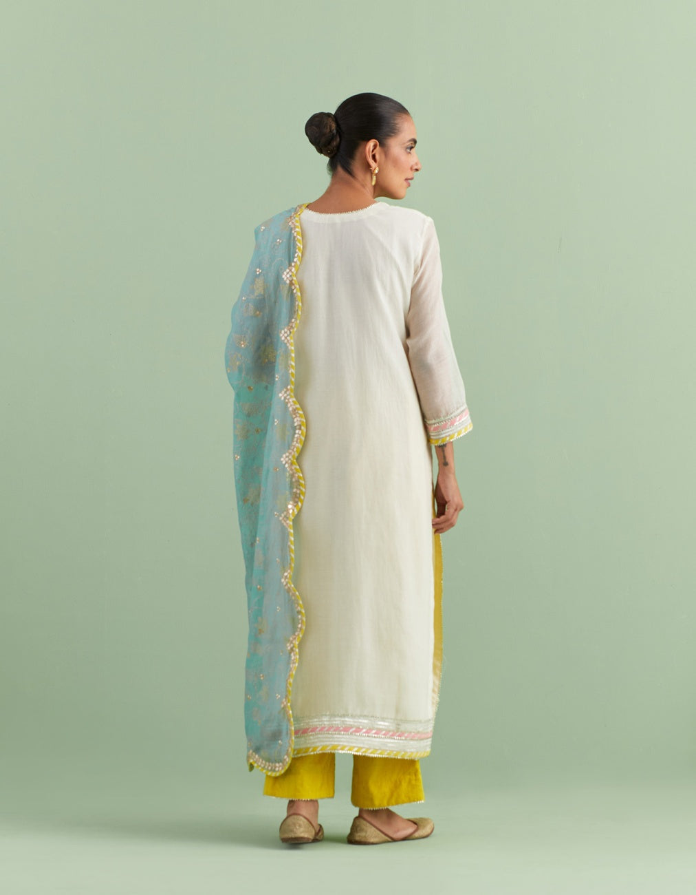 White Teal & Yellow Kurta Set