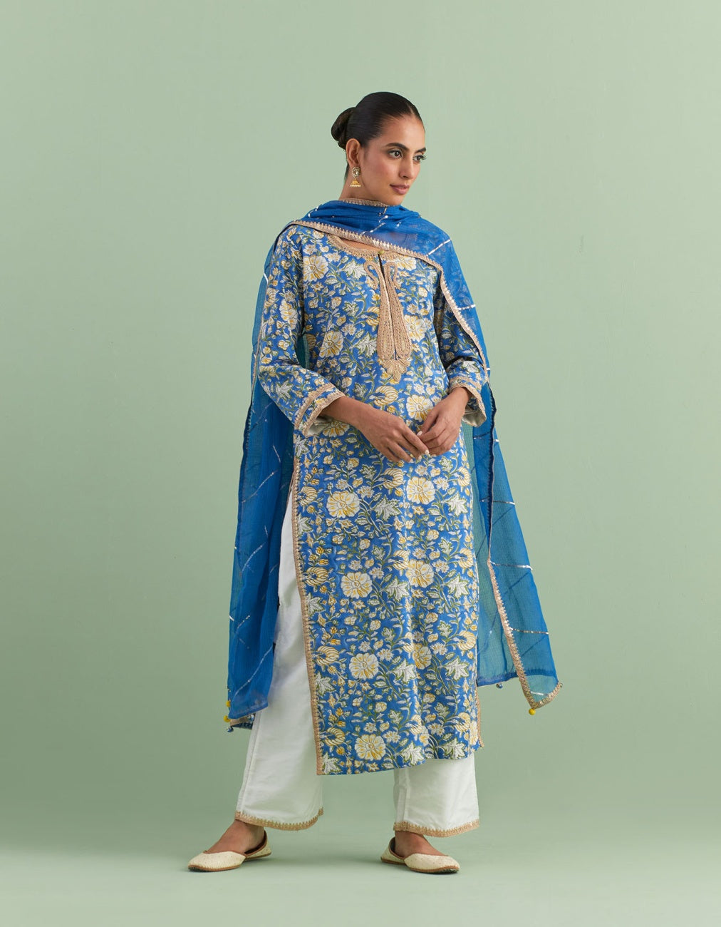 Yellow Green Butti Print Kurta Set