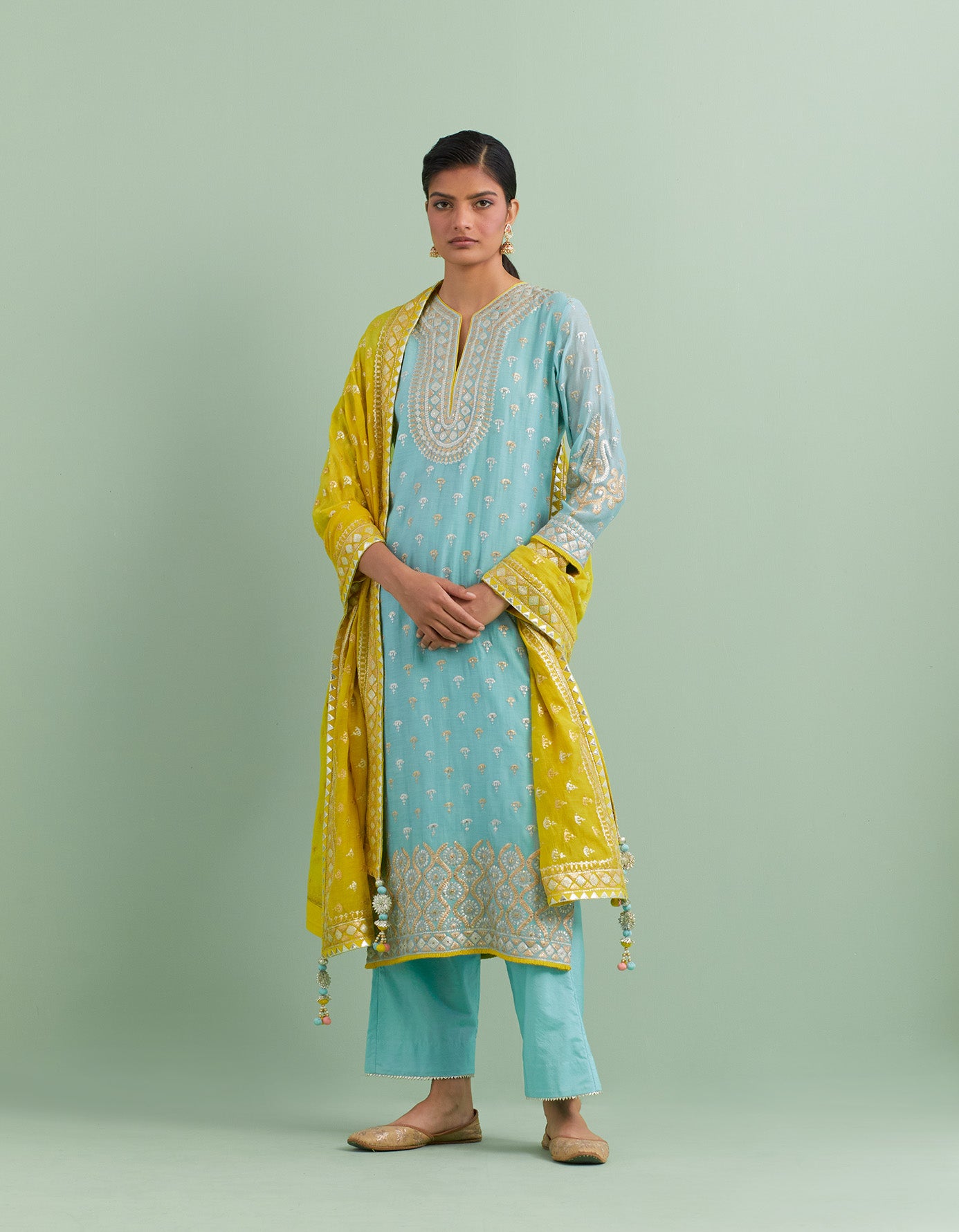 Sky Blue & Yellow Kurta Set